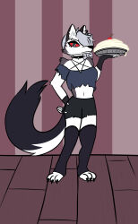  absurd_res anthro canid canid_demon canine clothed clothed_anthro clothing demon female food gunge-rat hellaverse hellhound helluva_boss hi_res holding_food holding_object holding_pie loona_(helluva_boss) mammal mythological_canine mythological_creature mythology pastry pie simple_background 