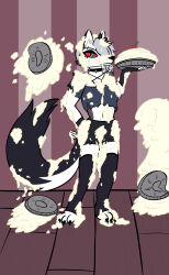  absurd_res anthro clothed clothing covered_in_food covered_in_pie dessert female food food_fetish food_play gunge-rat hellaverse helluva_boss hi_res holding_food holding_object loona_(helluva_boss) messy pie_(food) pie_in_face pied solo wam 