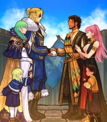  3boys 3girls aged_up ascot beard black_boots blonde_hair blue_coat blue_eyes blue_flag boots breasts brown_hair claude_von_riegan claude_von_riegan_(distant_deer) claude_von_riegan_(timeskip) cleavage closed_eyes closed_mouth coat commentary cosplay dark-skinned_male dark_skin day dimitri_alexandre_blaiddyd dimitri_alexandre_blaiddyd_(stargazing_lion) dimitri_alexandre_blaiddyd_(timeskip) dress earrings english_commentary eyepatch facial_hair facing_another father_and_daughter father_and_son female_byleth_(awakened)_(fire_emblem) female_byleth_(fire_emblem) fire_emblem fire_emblem:_three_houses flag from_side fur-trimmed_coat fur_trim gloves green_eyes green_hair hand_on_own_stomach handshake highres hilda_valentine_goneril hilda_valentine_goneril_(timeskip) husband_and_wife if_they_mated jewelry lolicon long_hair looking_at_another medium_breasts medium_hair mother_and_daughter mother_and_son multiple_boys multiple_girls own_hands_together palms_together pink_eyes pink_hair pregnant rhea_(fire_emblem) rhea_(fire_emblem)_(cosplay) ring sethkiel smile standing waving wedding_ring white_ascot white_dress white_gloves 