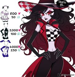  black_hair black_pants black_skin breasts checkered_clothes checkered_shirt colored_sclera colored_skin cropped_jacket english_commentary english_text female hazbin_hotel hellaverse highres jacket kaizervenom large_breasts leotard long_hair maid multicolored_hair navel oerba_yun_fang pants red_hair red_jacket red_sclera reverse_bunnysuit reverse_outfit roo_(hazbin_hotel) shirt solo speech_bubble teeth two-tone_hair 