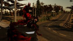  3d_(artwork) 4k 9:16 anthro blender_(artwork) bottomwear canid canid_demon canine clothing demon detailed_background digital_media_(artwork) eyeliner flannel_shirt ford ford_mustang freckled_arms freckled_face freckled_shoulders freckles hellhound hi_res highlights_(coloring) hound_(hound_helldan) hound_helldan hybrid makeup male mammal markings mythological_canine mythological_creature mythology novabeast on_hood pants red_eyeliner red_eyes red_highlights solo sunset tail watermark 