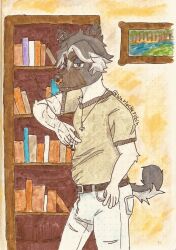  2020 anthro belt book bookshelf bottomwear brown_body brown_fur capegloam cigarette clothed clothing cross detailed_background ear_piercing facial_piercing fully_clothed fur furniture grey_body grey_fur grey_hair hair hi_res holding_cigarette holding_object industrial_piercing inside inverted_cross inverted_cross_necklace jewelry male multicolored_hair necklace nose_piercing nose_ring painting_(artwork) pants pen_(artwork) picture_frame piercing ring_piercing septum_piercing septum_ring shirt short_hair smoke snout solo standing tail topwear traditional_media_(artwork) two_tone_hair watercolor_(artwork) white_body white_fur white_hair 