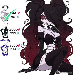  apron bare_shoulders black_hair black_shirt black_thighhighs breasts cleavage colored_sclera english_commentary female hazbin_hotel hellaverse highres kaizervenom large_breasts long_hair maid multicolored_hair puffy_short_sleeves puffy_sleeves red_hair red_sclera roo_(hazbin_hotel) shirt short_sleeves sitting smile solo thighhighs twintails two-tone_hair waist_apron white_apron 