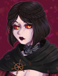  black_cape black_hair braid breasts cape cleavage colored_sclera female ferulifolia gorget highres orange_eyes portrait red_sclera serana short_hair slit_pupils solo the_elder_scrolls the_elder_scrolls_v:_skyrim 