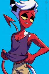  anthro bodily_fluids clothed clothing demon hair hazbin_hotel hellaverse helluva_boss hi_res horn imp male mythology prismanoodle_(artist) red_body shirt simple_background solo sweat tail tank_top terry_(prismanoodle) topwear white_hair yellow_eyes 