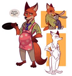  2024 aloha_shirt anthro apron belly big_belly bodily_fluids bottomwear brown_body brown_fur canid canine clothing cotton_tail dialogue dipstick_tail disney duo female fox fur geometric_background green_eyes grey_body grey_fur hand_on_belly hand_on_hip hi_res holding_pan judy_hopps lagomorph leporid male mammal markings necktie nick_wilde orange_body orange_fur pan pants pattern_clothing pattern_shirt pattern_topwear plantigrade pregnant pregnant_male rabbit shirt simple_background sketch_page spanish_text speech_bubble sweat sweatdrop tail tail_markings tan_body tan_fur text topwear translated viat_on zootopia 