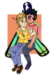  2020 aggie.io_(artwork) aliasing animal_humanoid antennae_(anatomy) arm_around_another arthropod arthropod_humanoid beetle_humanoid black_eyebrows black_eyes black_hair blonde_hair blue_bottomwear blue_clothing blue_jeans blue_pants blush bottomwear brown_clothing brown_eyebrows brown_footwear brown_shoes capegloam cel_shading clothed clothing denim denim_bottomwear denim_clothing digital_drawing_(artwork) digital_media_(artwork) duo eye_contact eyebrows footwear full-length_portrait fully_clothed hair hug hugging_another humanoid humanoid_hands insect_humanoid insect_wings insects jeans looking_at_another male male/male pants pink_blush portrait red_clothing red_eyes red_shirt red_topwear shaded shirt shoes short_hair sitting topwear wings yellow_clothing yellow_shirt yellow_topwear 