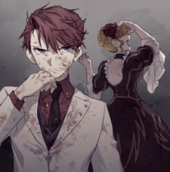  1boy beatrice_(umineko) black_dress black_necktie blonde_hair blood blood_on_clothes blood_on_face blue_eyes blurry blurry_background collared_shirt dress female flower hair_flower hair_ornament highres hswoimuxk0pwr0h_(bbdan) laughing necktie open_mouth red_flower red_hair red_rose red_shirt rose shirt short_hair standing suit umineko_no_naku_koro_ni ushiromiya_battler v-shaped_eyebrows white_suit 