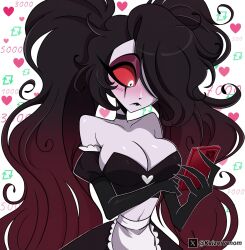  apron bare_shoulders black_hair blush breasts cleavage colored_sclera english_commentary female hazbin_hotel hellaverse highres holding holding_phone kaizervenom large_breasts long_hair multicolored_hair phone puffy_short_sleeves puffy_sleeves red_hair red_sclera roo_(hazbin_hotel) short_sleeves solo twintails two-tone_hair waist_apron white_apron white_eyes 