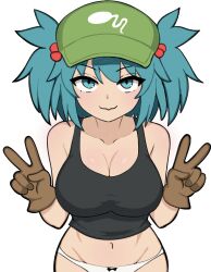  aqua_eyes aqua_hair artist_request black_tank_top bow bow_panties breasts brown_gloves check_artist cleavage closed_mouth cowboy_shot double_v drawfag female flat_cap gloves green_hat hair_bobbles hair_ornament hat highres kawashiro_nitori large_breasts looking_at_viewer midriff panties smile solo tank_top third-party_source touhou two_side_up underwear v white_background white_panties 