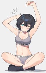  armpits arms_up bare_arms bare_shoulders black_hair black_socks blue_eyes blush bra breasts cleavage closed_mouth clothes_writing female full_body grey_background grey_bra grey_panties hair_between_eyes highres medium_breasts navel nirareba no_pants one_eye_closed original panties shadow simple_background sitting socks solo stretching underwear underwear_only 