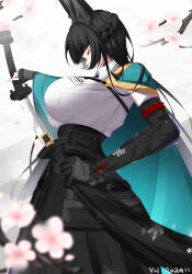  271 absurdres animal_ears artist_name black_gloves black_necktie black_skirt blunt_bangs breasts cherry_blossoms closed_eyes commentary cowboy_shot dated dress_shirt female fingerless_gloves flower fox_ears fox_girl from_side gloves green_jacket high-waist_skirt highres holding holding_sword holding_weapon hoshimi_miyabi huge_breasts jacket katana long_hair necktie shirt sidelocks single_fingerless_glove skirt solo standing sword weapon white_shirt zenless_zone_zero 