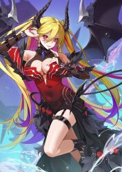  bare_shoulders black_horns black_tail black_wings blonde_hair breasts cleavage cowboy_shot demon_girl demon_horns demon_tail demon_wings dress duel_monster earrings female garter_straps heart heart_earrings highres horns jewelry lacrima_the_crimson_tears large_breasts long_hair multicolored_hair pink_hair pointy_ears purple_eyes red_cucumber red_dress solo tail two-tone_hair two_side_up wings yu-gi-oh! 