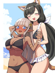  2girls @_@ animal_ears armlet bikini black_bikini black_hair blue_eyes blush border bottle_neko breasts cat_ears cat_tail closed_eyes dark-skinned_female dark_skin earrings elf frilled_bikini frills grey_hair hair_ornament highres holding_another&#039;s_wrist jewelry large_breasts low_twintails multiple_girls navel open_mouth original outside_border pointy_ears sidelocks small_breasts sweatdrop swimsuit tail twintails white_border 