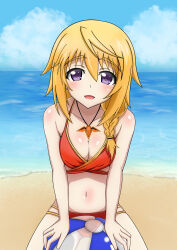  absurdres ball beach beachball bikini blonde_hair blue_sky breasts charlotte_dunois cleavage cloud commentary_request day hair_between_eyes hair_over_shoulder highres horizon infinite_stratos jewelry large_breasts long_hair necklace ocean onigoya_hayato orange_bikini outdoors purple_eyes sky swimsuit 