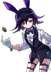  1boy absurdres animal_ears arm_behind_back black_hair black_hairband black_shorts blush bow coattails coin coin_flip collared_shirt danganronpa_(series) danganronpa_v3:_killing_harmony flipped_hair garter_straps gloves gold_coin hair_between_eyes hairband hand_on_own_hip highres kujira_pyon_ka long_sleeves looking_at_viewer male_focus narrowed_eyes oma_kokichi otoko_no_ko purple_bow purple_hair rabbit_ears ringed_eyes shirt short_hair shorts signature simple_background sleeveless sleeveless_jacket smirk smug solo white_background white_gloves 