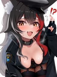  !? absurdres animal_ear_fluff animal_ears black_bra black_collar black_gloves black_hair black_skirt blush bra bra_strap breasts collar corset fellatio_gesture female fingerless_gloves fishnets garter_straps gloves hanging_breasts hat highres holding holding_test_tube hololive leaning_forward medium_breasts micon multicolored_hair nervous_smile oerba_yun_fang ookami_mio open_mouth police police_hat police_uniform red_hair simple_background skirt smile solo streaked_hair sweat test_tube thighhighs tongue tongue_out underwear v white_background wolf_ears 