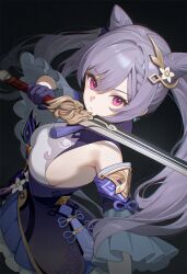  ai-assisted black_background braid breasts cone_hair_bun detached_sleeves dress earrings female genshin_impact gloves hair_bun hair_ornament hairpin highres holding holding_sword holding_weapon jewelry keqing_(genshin_impact) poki_(j0ch3fvj6nd) purple_dress purple_eyes purple_gloves purple_hair sideboob sword tassel twintails weapon 