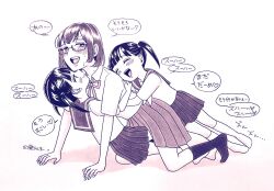  3girls age_difference bob_cut bow bowtie full_body genkakuramune glasses hug hug_from_behind incest kneehighs miniskirt monochrome multiple_girls onee-loli original pleated_skirt polyamory purple_theme sailor_collar school_uniform serafuku siblings sisters skirt socks speech_bubble traditional_media translation_request twins twintails yuri 