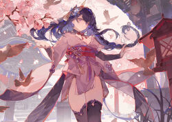  architecture arms_up bird black_hair black_thighhighs blunt_bangs braid branch breasts brown_bird cherry_blossoms cleavage closed_mouth commentary_request east_asian_architecture falling_petals feet_out_of_frame female flower genshin_impact grass hair_ornament hand_up highres japanese_clothes kimono lantern long_hair long_sleeves looking_at_viewer medium_breasts mitsudomoe_(shape) multicolored_hair nokoya obi obiage obidome obijime outdoors outstretched_arms paper_lantern pelvic_curtain petals pink_flower pink_kimono purple_eyes purple_hair raiden_shogun red_sash sash short_kimono single_braid solo spread_arms standing stone_lantern streaked_hair tassel thighhighs thighs tomoe_(symbol) vision_(genshin_impact) weibo_logo weibo_watermark wide_sleeves 