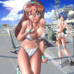  2girls aircraft_carrier bikini blue_hair breasts brown_hair chains flight_deck glasses lowres military military_vehicle multiple_girls narukami_kaname_(flag_quarters) non-web_source outdoors ship swimsuit warship watercraft 