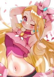  absurdres armpits arms_behind_head arms_up belt black_belt blonde_hair blush breasts brooch carrot_summer crop_top cure_butterfly earrings feathers female highres hirogaru_sky!_precure jewelry long_hair magical_girl medium_breasts midriff navel one_eye_closed pink_eyes pink_shirt precure shirt simple_background sleeveless sleeveless_shirt solo white_background wing_brooch 