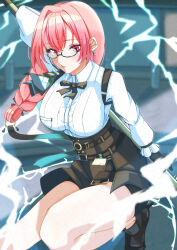  absurdres black_gloves black_skirt blunt_bangs breasts dress_shirt earrings female gloves hair_between_eyes high-waist_skirt highres holding holding_polearm holding_weapon jewelry kasui_kazu lightning long_hair looking_at_viewer naginata outdoors parted_lips pink_hair polearm shirt sidelocks skirt solo tsukishiro_yanagi weapon white_shirt zenless_zone_zero 