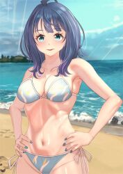  ahoge beach bikini blue_bikini blue_eyes blue_hair blue_nails blue_sky cloud commentary_request cowboy_shot day female groin horizon kousan make_heroine_ga_oo_sugiru! medium_hair nail_polish navel ocean outdoors side-tie_bikini_bottom sky solo swimsuit yanami_anna 