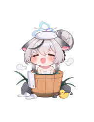  animal_ears basin bathing beret blue_archive blue_halo blush_stickers chibi chibi_only closed_eyes cocokawa_(cjsj8353) female hair_between_eyes hair_bun halo hat highres kokona_(blue_archive) multicolored_hair naked_towel open_mouth rubber_duck shoes short_hair_with_long_locks simple_background slippers smile solo steam streaked_hair tiger_ears towel unworn_shoes upper_body water white_background white_footwear white_hat 