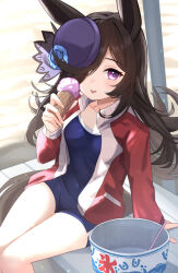  :p blue_one-piece_swimsuit breasts brown_hair commentary_request covered_navel female food hair_over_one_eye hat highres holding holding_food holding_ice_cream horse_girl ice_cream ice_cream_cone jacket long_hair looking_at_viewer medium_breasts meyamu one-piece_swimsuit purple_hat red_jacket rice_shower_(umamusume) sitting solo swimsuit tilted_headwear tongue tongue_out tracen_swimsuit tracen_training_uniform track_jacket umamusume 