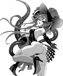  amity_(azur_lane) amity_(friendly_franken)_(azur_lane) ass azur_lane azur_lane:_slow_ahead black_leotard breasts elbow_gloves female frilled_hat frills gloves greyscale halloween halloween_costume hat high_heels highres hori_(hori_no_su) latex latex_gloves latex_leotard leotard long_hair looking_at_viewer monochrome official_alternate_costume official_art open_mouth skindentation small_breasts smile solo tentacle 