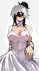  bandaged_arm bandaged_wrist bandages black_eyes black_hair breasts bridal_veil cleavage dress female flower hair_bun hair_flower hair_ornament highres jewelry large_breasts looking_at_viewer original ring shig_(shigezie) shigezie simple_background sleeveless sleeveless_dress solo veil wedding_dress wedding_ring white_background white_dress white_flower 