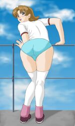  00s 1girls ankle_warmers artist_request ass bent_over blue_buruma blue_eyes blush breasts brown_hair buruma female female_focus female_only gundam gundam_seed gym_clothes gym_uniform human leg_warmers looking_back miriallia_haw open_mouth outdoors pink_leg_warmers railing red_shoes shoes short_hair sky socks solo solo_female t-shirt thigh_socks thighhighs underwear white_legwear white_socks white_t-shirt white_thighhighs 