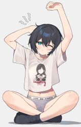  arms_up black_hair black_socks blue_eyes blush closed_mouth clothes_writing female full_body grey_background grey_panties hair_between_eyes highres navel nirareba no_pants one_eye_closed original panties shadow shirt short_sleeves simple_background sitting socks solo stretching underwear white_shirt wide_sleeves 