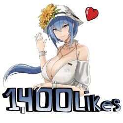  bare_shoulders bikini blue_hair breasts bucket_hat character_pin cleavage closed_mouth collarbone cropped_torso dp-12_(girls&#039;_frontline) dp-12_(morning_fable)_(girls&#039;_frontline) english_commentary female flower girls&#039;_frontline grey_eyes hair_between_eyes hand_up hat hat_flower heart highres huge_breasts jewelry ksvk_(girls&#039;_frontline) light_smile long_hair looking_at_viewer marmotmeow12 simple_background solo sun_hat sunflower swimsuit white_background white_bikini white_hat 