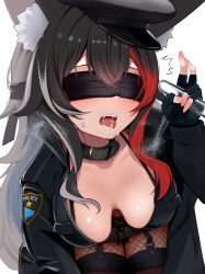  absurdres animal_ear_fluff animal_ears black_blindfold black_bra black_collar black_hair black_skirt blindfold blush bra bra_strap breasts collar corset female fishnets garter_straps hanging_breasts hat highres holding holding_test_tube hololive leaning_forward medium_breasts micon multicolored_hair open_mouth police police_hat police_uniform red_hair saliva simple_background skirt solo streaked_hair sweat test_tube thighhighs tongue tongue_out underwear v white_background wolf_ears 