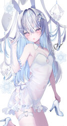  :o absurdres animal_ears armband blue_hair bow breasts colored_inner_hair commentary covered_navel dark_skin detached_collar dress fake_animal_ears female flower gem grey_hair hair_ornament hairbow heart heart_hair_ornament heart_o-ring highres looking_at_viewer moemoepiano multicolored_hair oerba_yun_fang original pearl_(gemstone) pink_eyes rabbit_ears simple_background skin_fang small_breasts snowflakes solo strapless strapless_dress thigh_strap thighhighs white_background white_footwear x_hair_ornament 