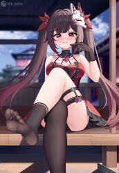  asymmetrical_legwear black_gloves black_socks black_thighhighs blurry blurry_background brown_hair crossed_legs dress female fox_mask gloves hand_up highres honkai:_star_rail honkai_(series) honkai_impact_3rd icwine long_hair looking_at_viewer mask mask_on_head no_shoes official_alternate_costume parted_lips pink_eyes red_dress sitting smile socks solo sparkle_(fictitious_game)_(honkai:_star_rail) sparkle_(honkai:_star_rail) thigh_strap thighhighs twintails uneven_legwear very_long_hair 