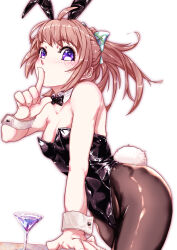  ahoge animal_ears black_bow black_bowtie black_leotard black_pantyhose bow bowtie breasts brown_eyes cocktail_glass cup detached_collar drinking_glass fake_animal_ears female finger_to_mouth highres leotard original pantyhose playboy_bunny purple_eyes rabbit_ears rabbit_tail simple_background small_breasts solo strapless strapless_leotard tail twintails wagimo white_background wrist_cuffs 