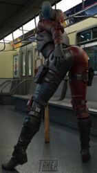  1girls 3d artist_name ass baseball_bat batman_(series) bent_over big_ass biker_clothes biker_jacket boots clothed_female cropped_jacket dat_ass dc dc_comics elbow_pads facing_away_from_viewer female female_only fully_clothed hand_on_ass harley_quinn harley_quinn_(injustice) injustice_2 knee_pads leaning_on_object multicolored_hair pigtails posing solo standing subway_train takerskiy tight_clothing 