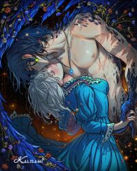  1boy artist_name blue_dress blue_hair blush bob_cut breasts claws closed_eyes couple dress feathers female grey_hair highres holding_hands howl_(howl_no_ugoku_shiro) howl_no_ugoku_shiro jewelry juliet_sleeves kalisami1 long_sleeves medium_breasts medium_hair necklace puffy_sleeves sophie_(howl_no_ugoku_shiro) straight topless_male upper_body 