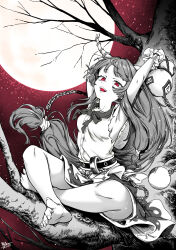  arm_behind_head armpits arms_up barefoot bow breasts chains chinese_commentary commentary_request fangs feet full_moon gourd highres horns ibuki_suika in_tree indian_style long_hair looking_at_viewer low-tied_long_hair moon open_mouth orb partially_colored qingwa_chi_she red_eyes shirt signature sitting sitting_in_tree skirt sleeveless sleeveless_shirt small_breasts torn_clothes touhou tree very_long_hair wrist_cuffs 