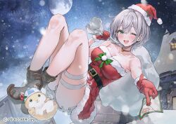  bare_shoulders black_footwear boots breasts cleavage dress female gloves green_eyes grey_hair hat hololive myung_yi official_alternate_costume official_art one_eye_closed open_mouth outdoors red_dress red_gloves santa_dress santa_hat shirogane_noel short_hair smile virtual_youtuber 