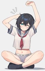  arms_up black_hair black_socks blue_eyes blue_sailor_collar blush breasts closed_mouth clothes_writing commentary_request female full_body grey_background grey_panties hair_between_eyes highres medium_breasts navel neckerchief nirareba no_pants one_eye_closed original panties red_neckerchief sailor_collar school_uniform serafuku shadow shirt short_sleeves simple_background sitting socks solo stretching underwear white_shirt 