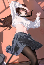  absurdres arm_up black_necktie black_pantyhose black_skirt blush breasts brown_eyes brown_hair closed_mouth collared_shirt commentary_request crop_top cropped_shirt desk doro_(nikke) female goddess_of_victory:_nikke hair_between_eyes highres large_breasts long_hair long_sleeves looking_at_viewer loose_necktie lying marciana_(nikke) marciana_(school_days)_(nikke) midriff muxia_jinlong name_tag navel navel_piercing necktie official_alternate_costume on_back on_desk pantyhose piercing pleated_skirt school_desk shadow shirt sidelocks skirt solo sweat white_shirt 