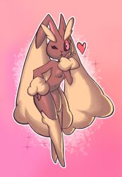  absurdres animal_ears animal_nose blowing_kiss body_fur breasts brown_fur commentary english_commentary female full_body furry furry_female hand_on_own_hip hand_up heart highres kipnitt leaning_forward legs looking_at_viewer lopunny navel no_feet no_nipples one_eye_closed open_mouth outline pink_background pointy_ears pokemon pokemon_(creature) rabbit_ears rabbit_girl red_eyes small_breasts solo sparkle standing stomach thighs two-tone_fur white_outline yellow_fur 