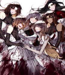  6+girls absurdres black_gloves black_hair blonde_hair blood blood_on_clothes blue_eyes breasts brown_hair cherry_oux closed_mouth don_quixote_(project_moon) dress elbow_gloves faust_(project_moon) genderswap_(mtf) gloves hair_over_one_eye harem heathcliff_(project_moon) highres lace lace_gloves lace_sleeves large_breasts limbus_company long_hair meursault_(project_moon) multicolored_hair multiple_girls n_corp._fanatic_(identity)_(project_moon) one_eye_closed parted_lips project_moon purple_eyes rodion_(project_moon) rule_63 short_hair simple_background sinclair_(project_moon) smile streaked_hair very_long_hair white_background white_dress white_hair yellow_eyes 