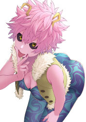  absurdres ashido_mina ass black_sclera bodysuit boku_no_hero_academia breasts cleavage colored_sclera colored_skin female fur-trimmed_vest fur_trim green_bodysuit hand_on_own_thigh highres horns kobaji leaning_forward looking_at_viewer medium_breasts pink_hair pink_skin purple_bodysuit red_nails short_hair simple_background skin_tight solo superhero_costume tongue tongue_out v_over_mouth vest white_background yellow_eyes yellow_horns yellow_vest 