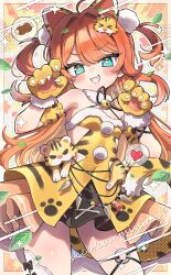  +_+ 2024 ahoge animal_ears animal_hands animal_print arm_garter artist_name bare_shoulders bell black_ribbon blue_eyes blush breasts collar commentary_request commission covered_navel cowboy_shot dated detached_collar dot_nose dress extra_ears female food fur-trimmed_dress fur_collar fur_trim gloves grin hair_between_eyes hair_intakes hair_ornament hands_up heart highres jingle_bell layered_dress leaf leaf_on_head long_hair looking_at_viewer meat neck_bell neck_ribbon o-ring o-ring_thigh_strap orange_hair original paw_gloves pom_pom_(clothes) pom_pom_hair_ornament print_dress ribbon skeb_commission small_breasts smile solo speech_bubble spoken_food spoken_heart strapless strapless_dress tail thigh_strap tiger_ears tiger_girl tiger_hair_ornament tiger_print tiger_tail trente two_side_up v-shaped_eyebrows very_long_hair watermark white_collar yellow_dress yellow_gloves 