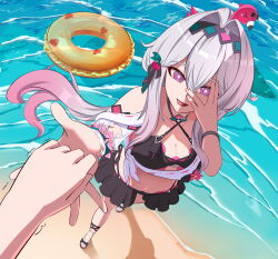  absurdres bare_shoulders bikini black_bikini breasts cleavage female flip-flops hair_intakes hair_ornament highres holding honkai_(series) honkai_impact_3rd large_breasts long_hair looking_at_viewer medium_breasts multicolored_hair navel official_alternate_costume ponytail purple_eyes qianjiaqiuhao sandals solo stomach swimsuit thelema_nutriscu thelema_nutriscu_(roseate_summer) thigh_strap thighs very_long_hair white_hair 
